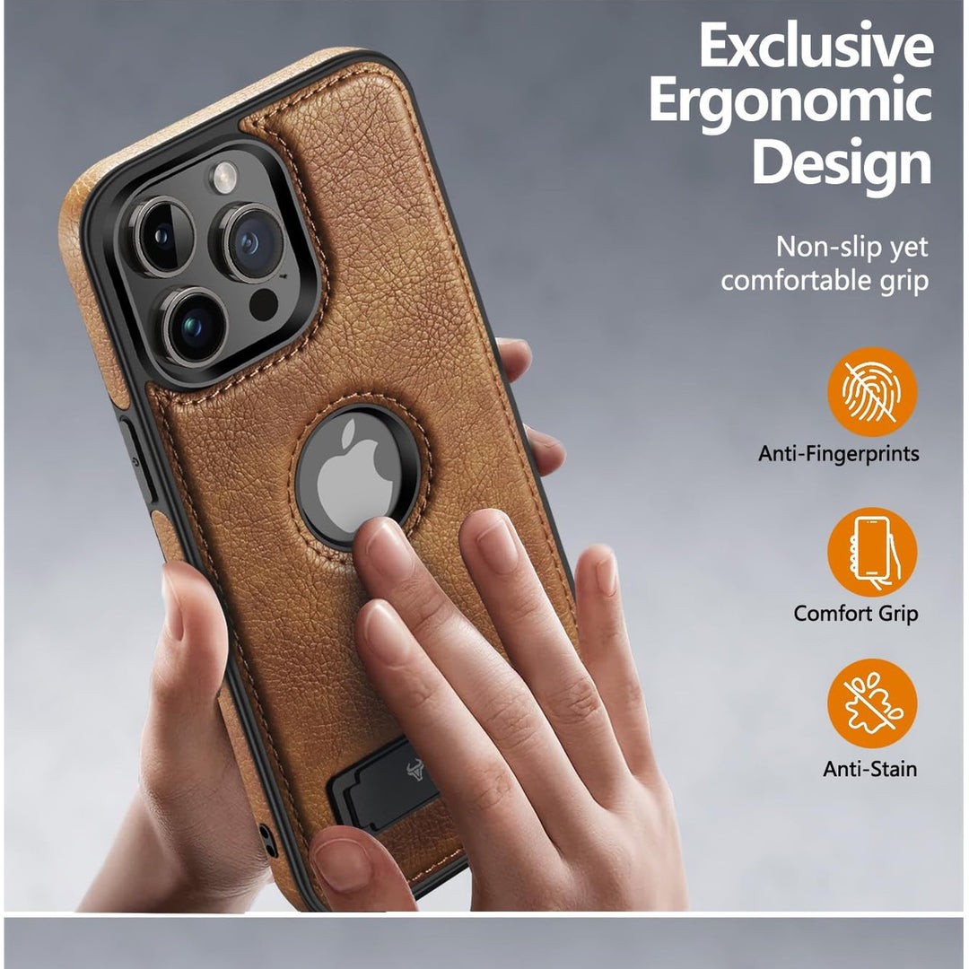 iPhone 16 Pro Max Brown Leather MagSafe Case with Kickstand - DOKUTRONIX