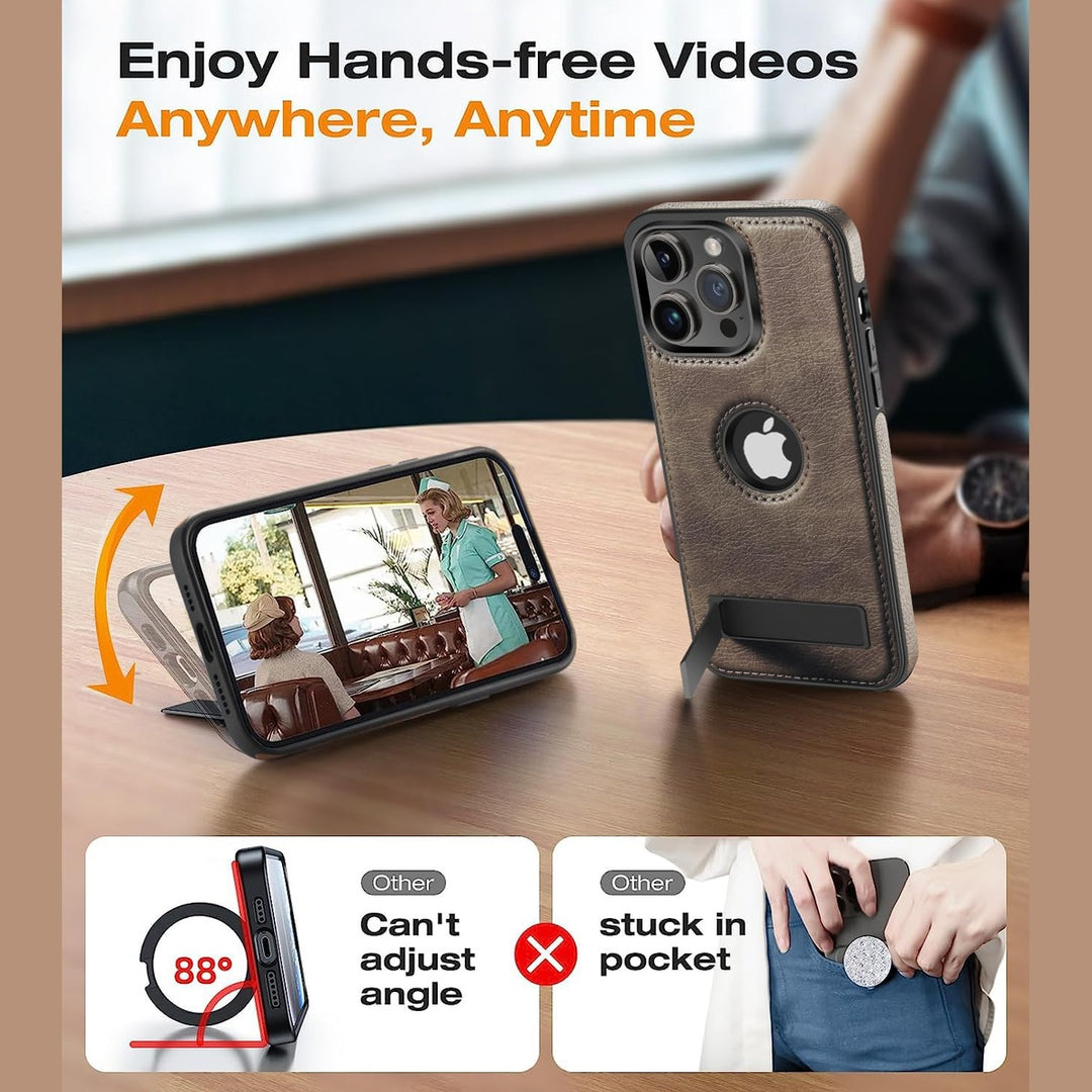 iPhone 16 Pro Max Brown Leather MagSafe Case with Kickstand - DOKUTRONIX