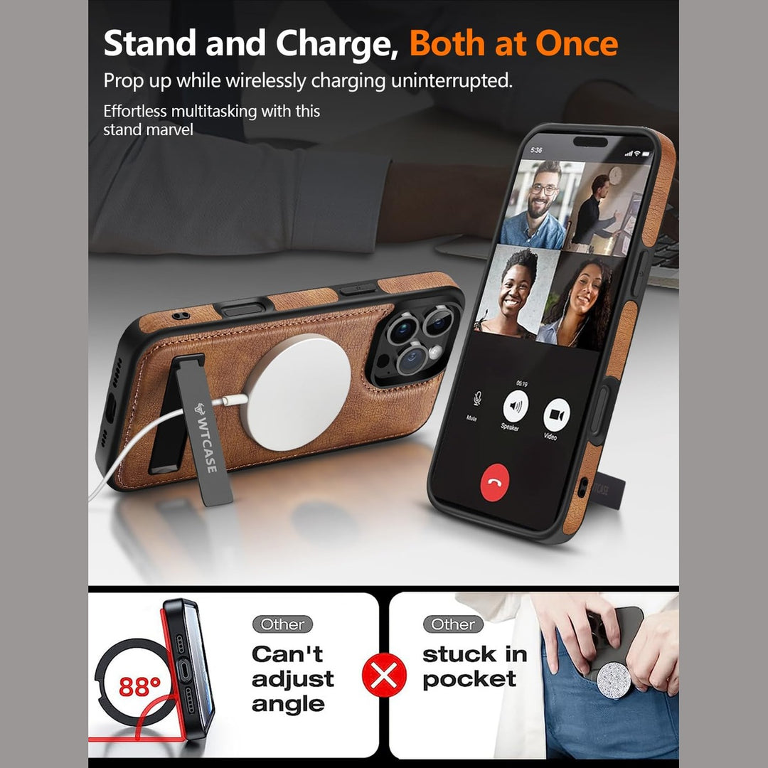iPhone 16 Pro Max Brown Leather MagSafe Case with Kickstand - DOKUTRONIX