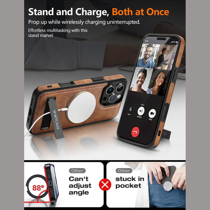 iPhone 16 Pro Max Brown Leather MagSafe Case with Kickstand - DOKUTRONIX
