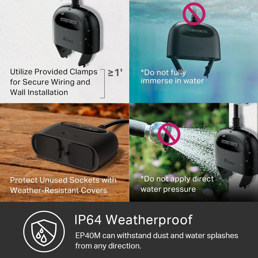 Kasa Outdoor Smart Plug, Smart Home Wi-Fi Outlet with 2 Sockets, IP64 Weather Resistance, Compatible with Alexa, Google Home & IFTTT, No Hub Required, ETL Certified(EP40), Black - DOKUTRONIX