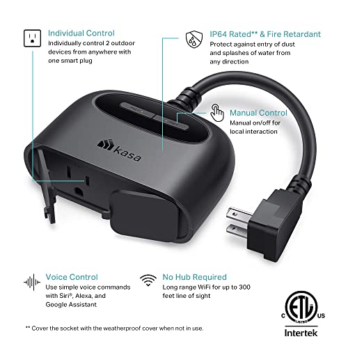 Kasa Outdoor Smart Plug, Smart Home Wi-Fi Outlet with 2 Sockets, IP64 Weather Resistance, Compatible with Alexa, Google Home & IFTTT, No Hub Required, ETL Certified(EP40), Black - DOKUTRONIX
