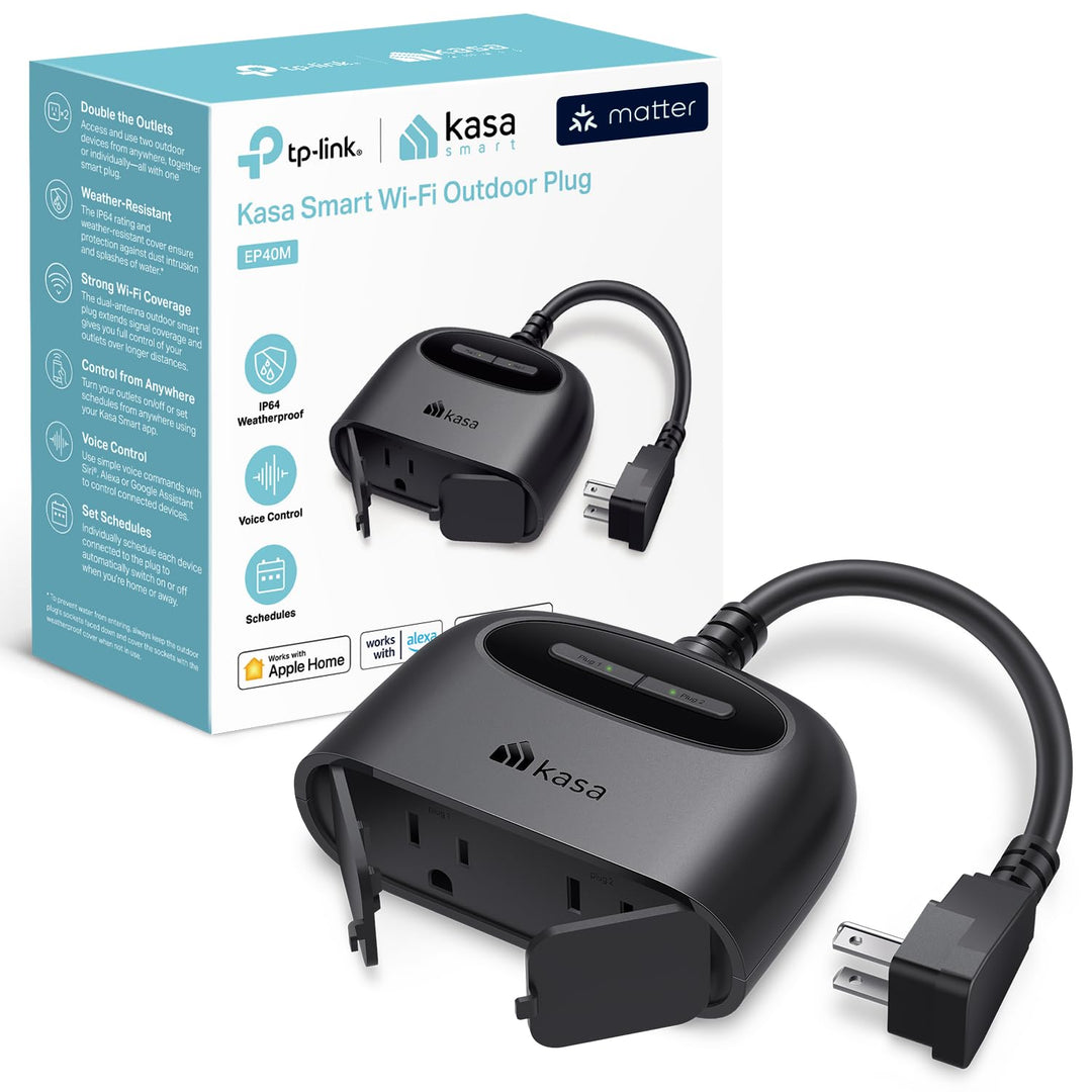 Kasa Outdoor Smart Plug, Smart Home Wi-Fi Outlet with 2 Sockets, IP64 Weather Resistance, Compatible with Alexa, Google Home & IFTTT, No Hub Required, ETL Certified(EP40), Black - DOKUTRONIX