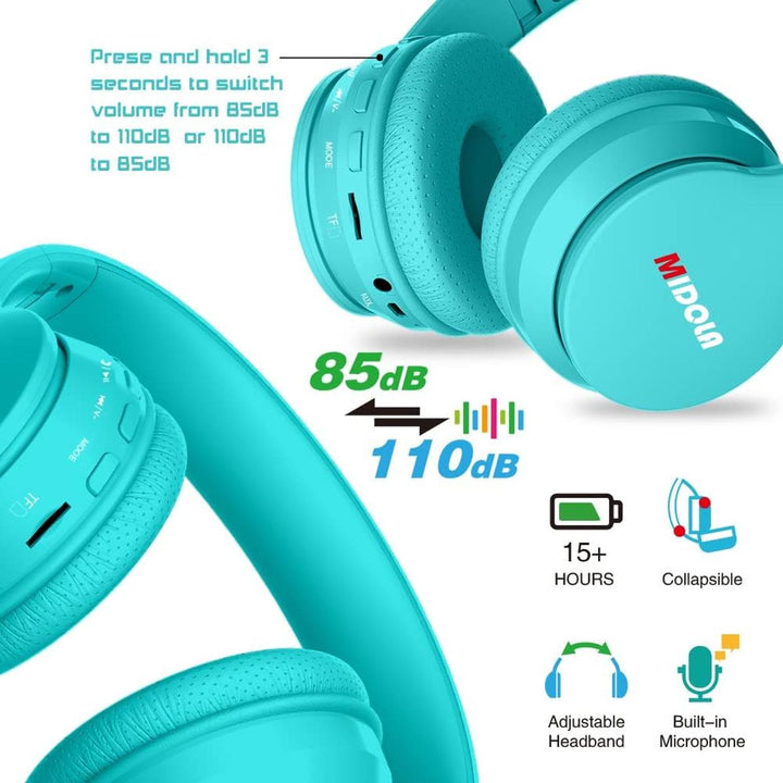 KidSafe Foldable Bluetooth Headphones - Turquoise - DOKUTRONIX
