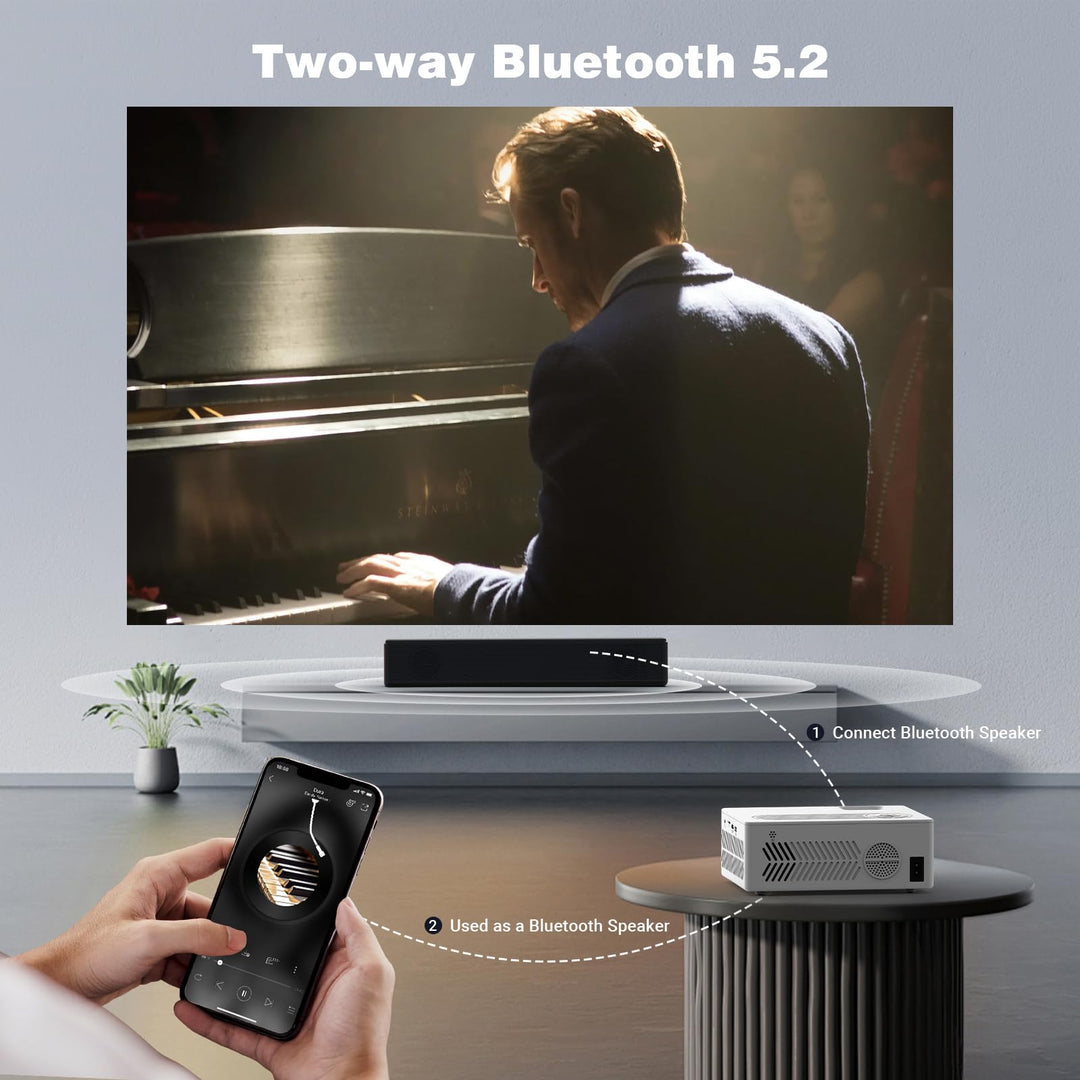 Mini Bluetooth Projector, Full HD 1080P Supported Portable Outdoor Movie Projector for iOS, Android, Windows, Compatible with TV Stick/HDMI/Smartphone/PS4/USB [Remote Included] - DOKUTRONIX