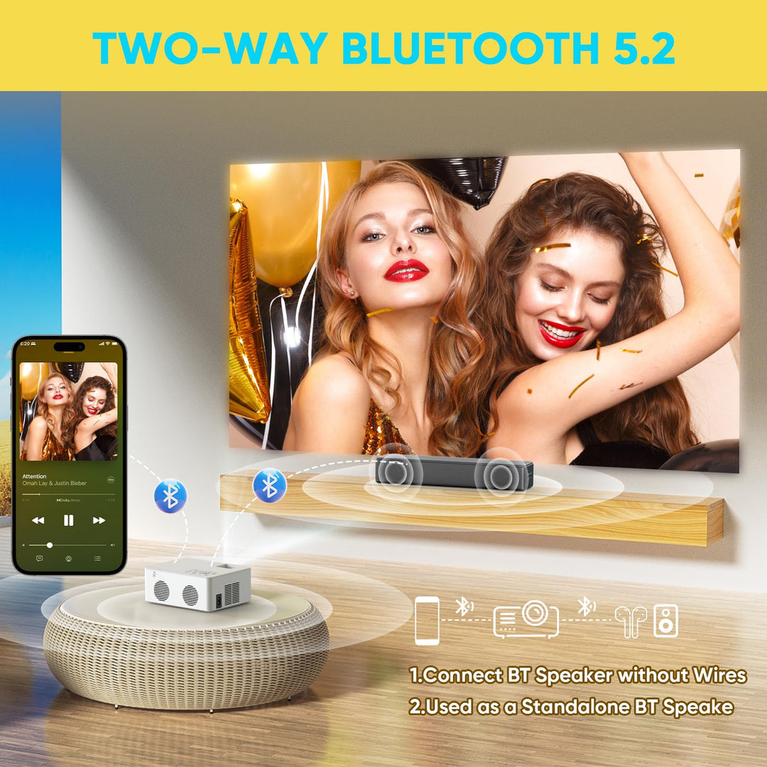 Mini Bluetooth Projector, Full HD 1080P Supported Portable Outdoor Movie Projector for iOS, Android, Windows, Compatible with TV Stick/HDMI/Smartphone/PS4/USB [Remote Included] - DOKUTRONIX