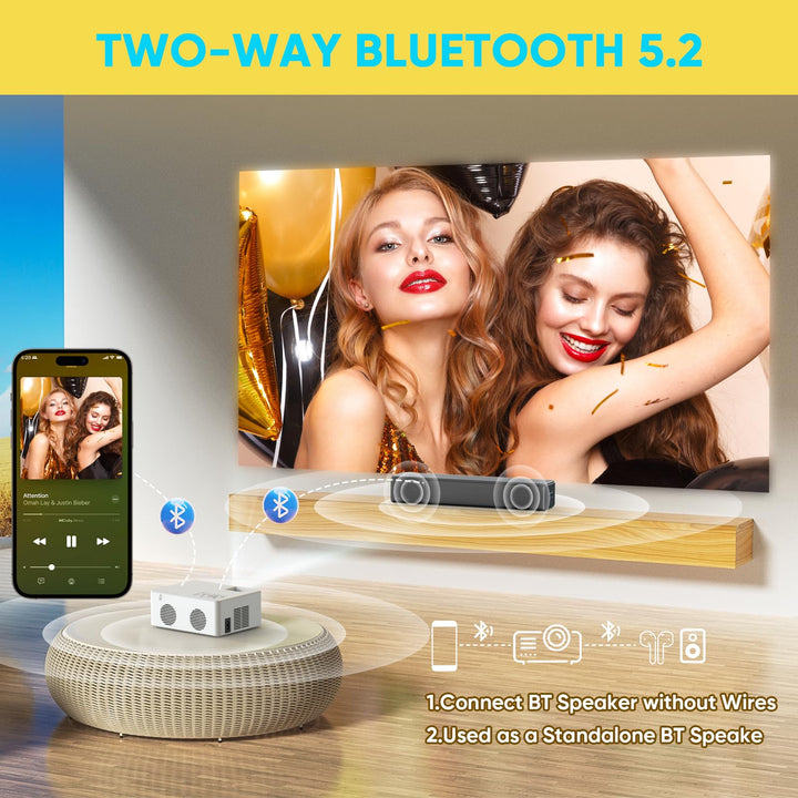 Mini Bluetooth Projector, Full HD 1080P Supported Portable Outdoor Movie Projector for iOS, Android, Windows, Compatible with TV Stick/HDMI/Smartphone/PS4/USB [Remote Included] - DOKUTRONIX