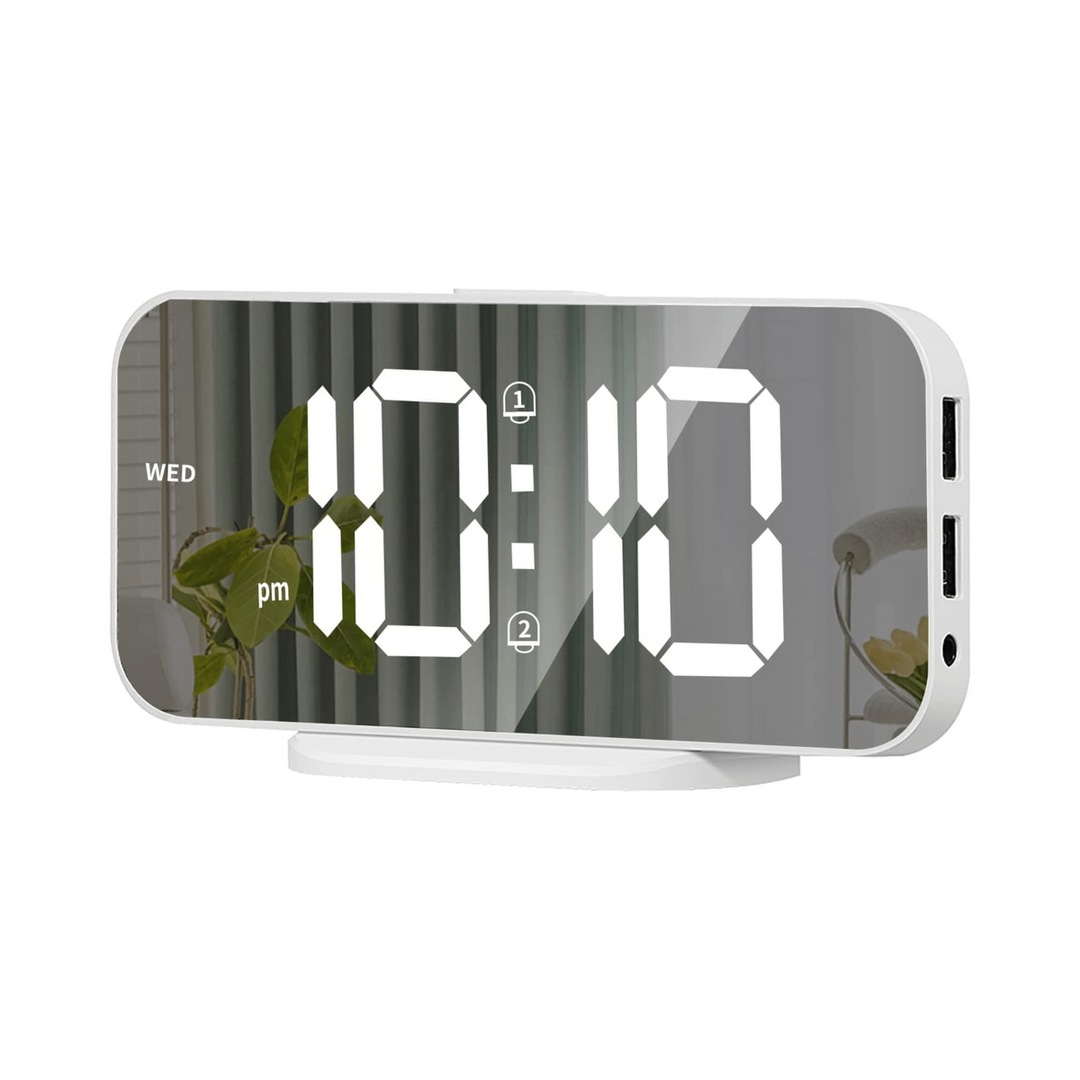 LED Mirror Alarm Clock: Bright, Snooze, USB, 12/24 Hour - DOKUTRONIX