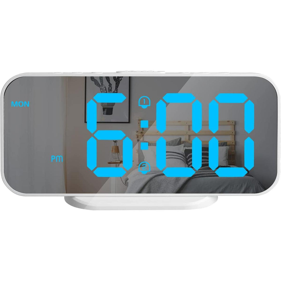 LED Mirror Alarm Clock: Bright, Snooze, USB, 12/24 Hour - DOKUTRONIX