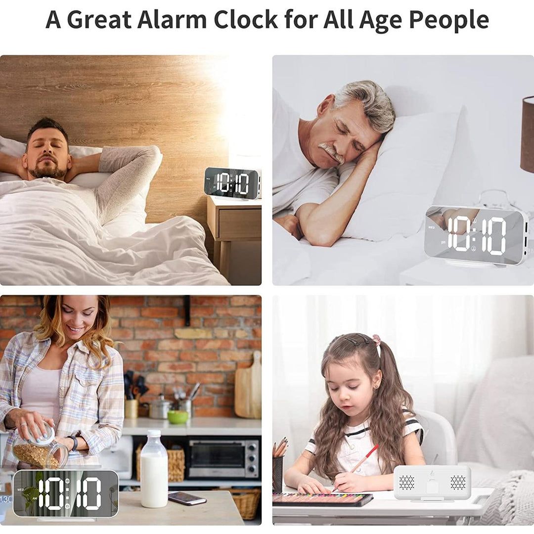 LED Mirror Alarm Clock: Bright, Snooze, USB, 12/24 Hour - DOKUTRONIX