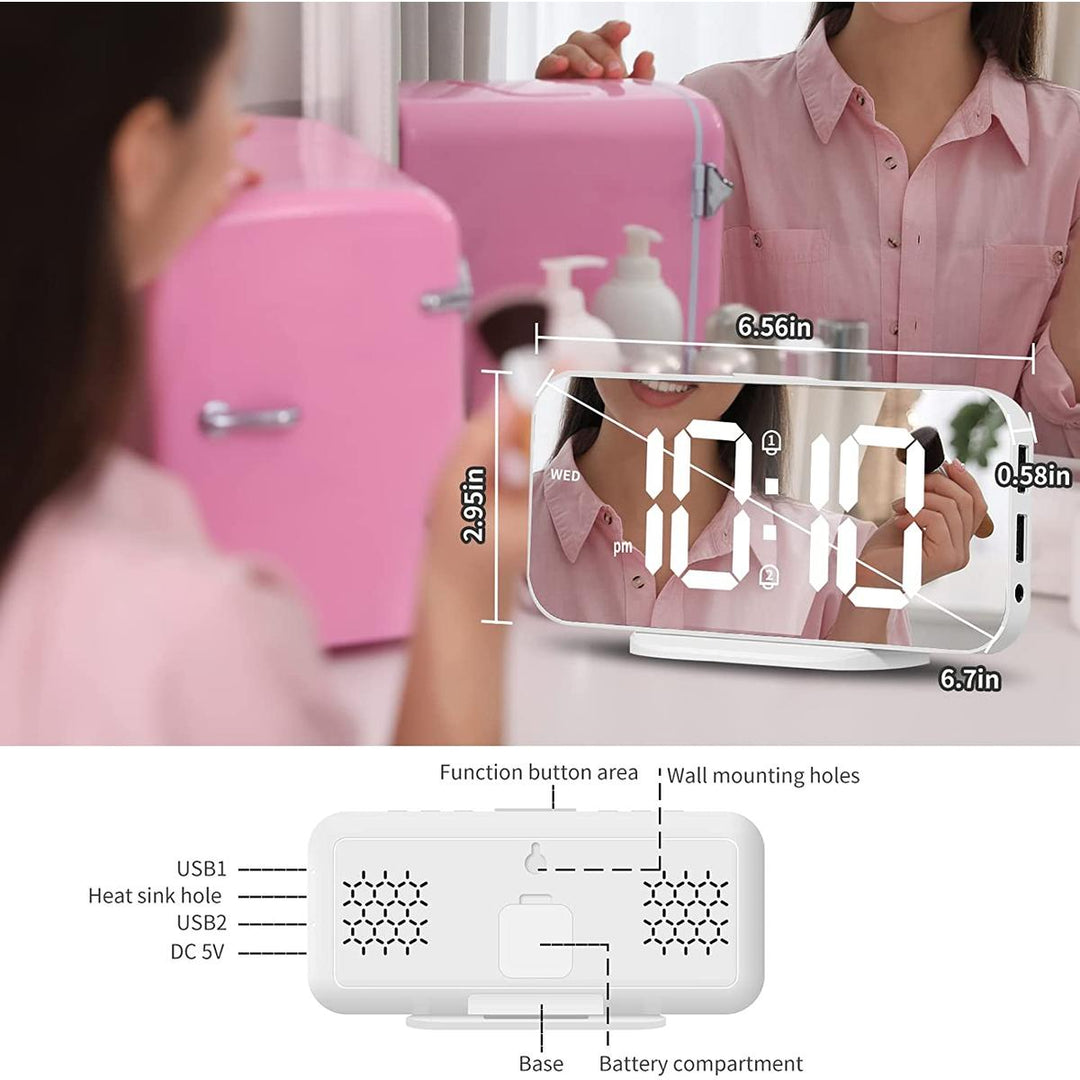 LED Mirror Alarm Clock: Bright, Snooze, USB, 12/24 Hour - DOKUTRONIX