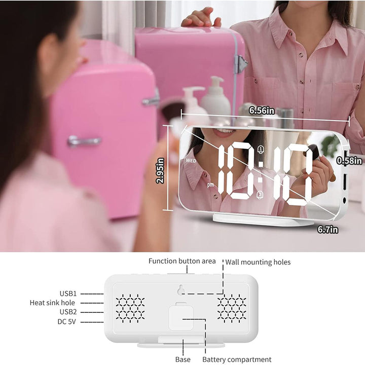 LED Mirror Alarm Clock: Bright, Snooze, USB, 12/24 Hour - DOKUTRONIX