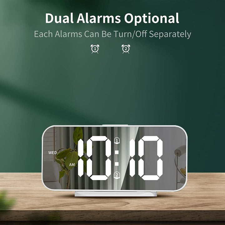 LED Mirror Alarm Clock: Bright, Snooze, USB, 12/24 Hour - DOKUTRONIX