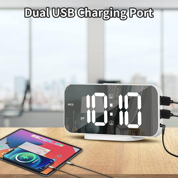 LED Mirror Alarm Clock: Bright, Snooze, USB, 12/24 Hour - DOKUTRONIX