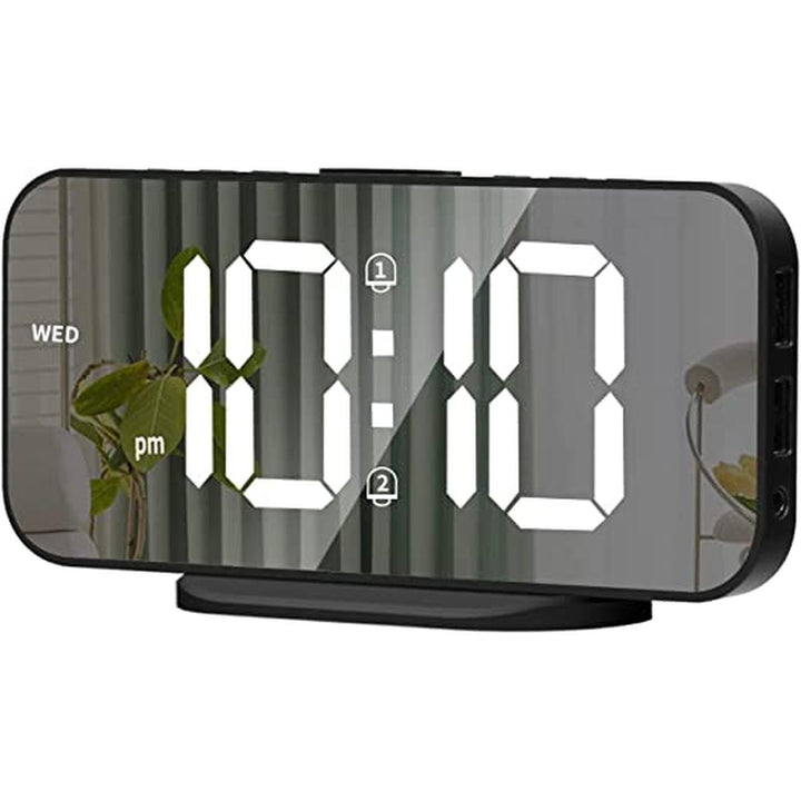 LED Mirror Alarm Clock: Bright, Snooze, USB, 12/24 Hour - DOKUTRONIX
