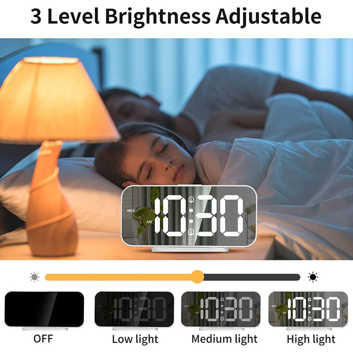 LED Mirror Alarm Clock: Bright, Snooze, USB, 12/24 Hour - DOKUTRONIX