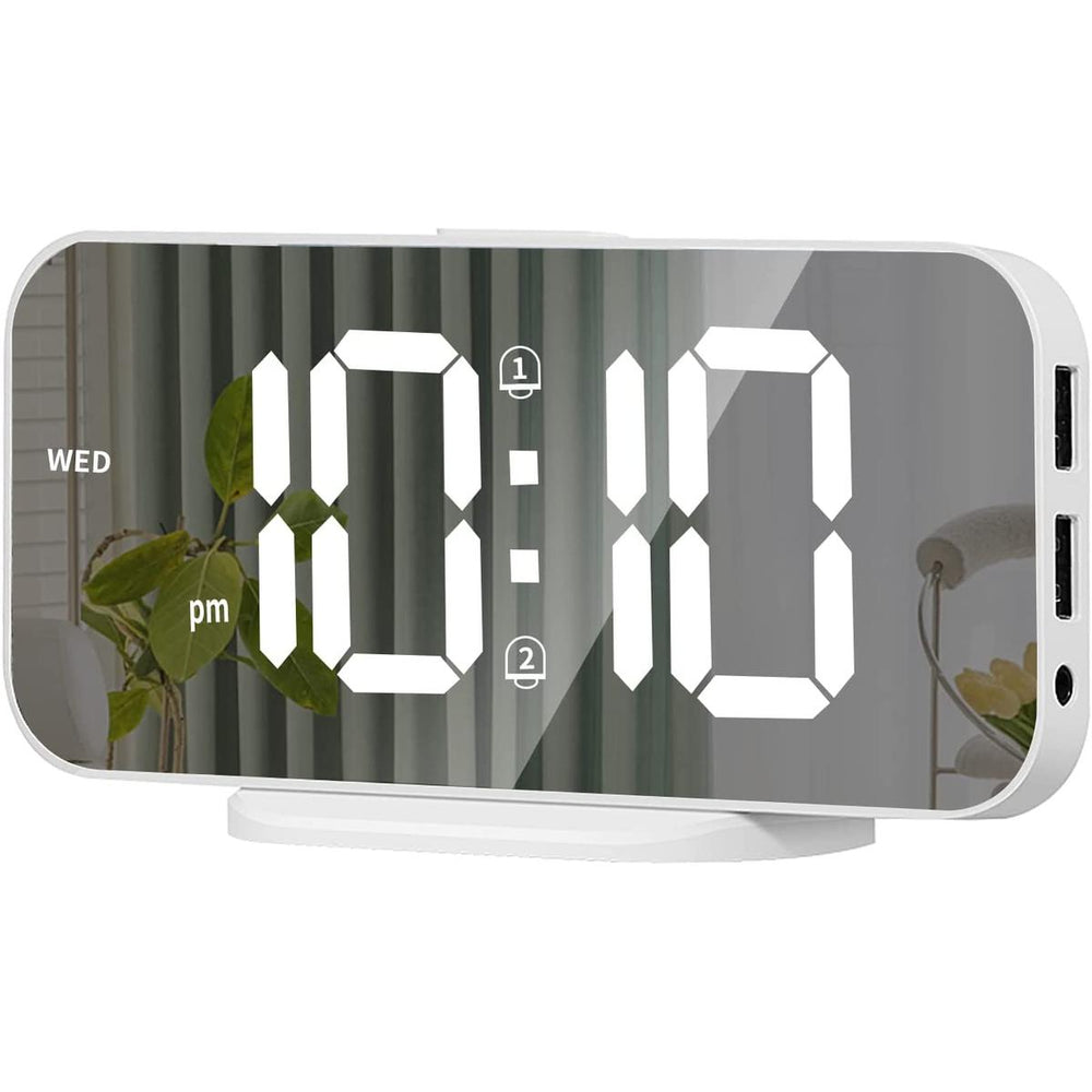 LED Mirror Alarm Clock: Bright, Snooze, USB, 12/24 Hour - DOKUTRONIX