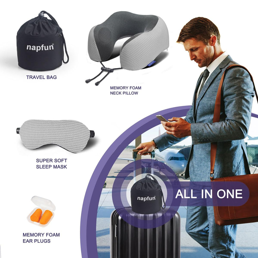 NapFun Premium Travel Neck Pillow - Grey Stripes - DOKUTRONIX