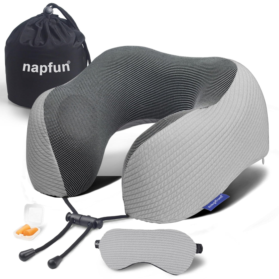 NapFun Premium Travel Neck Pillow - Grey Stripes - DOKUTRONIX