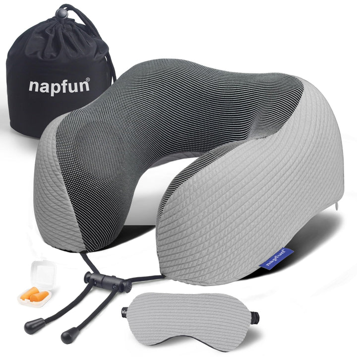 NapFun Premium Travel Neck Pillow - Grey Stripes - DOKUTRONIX