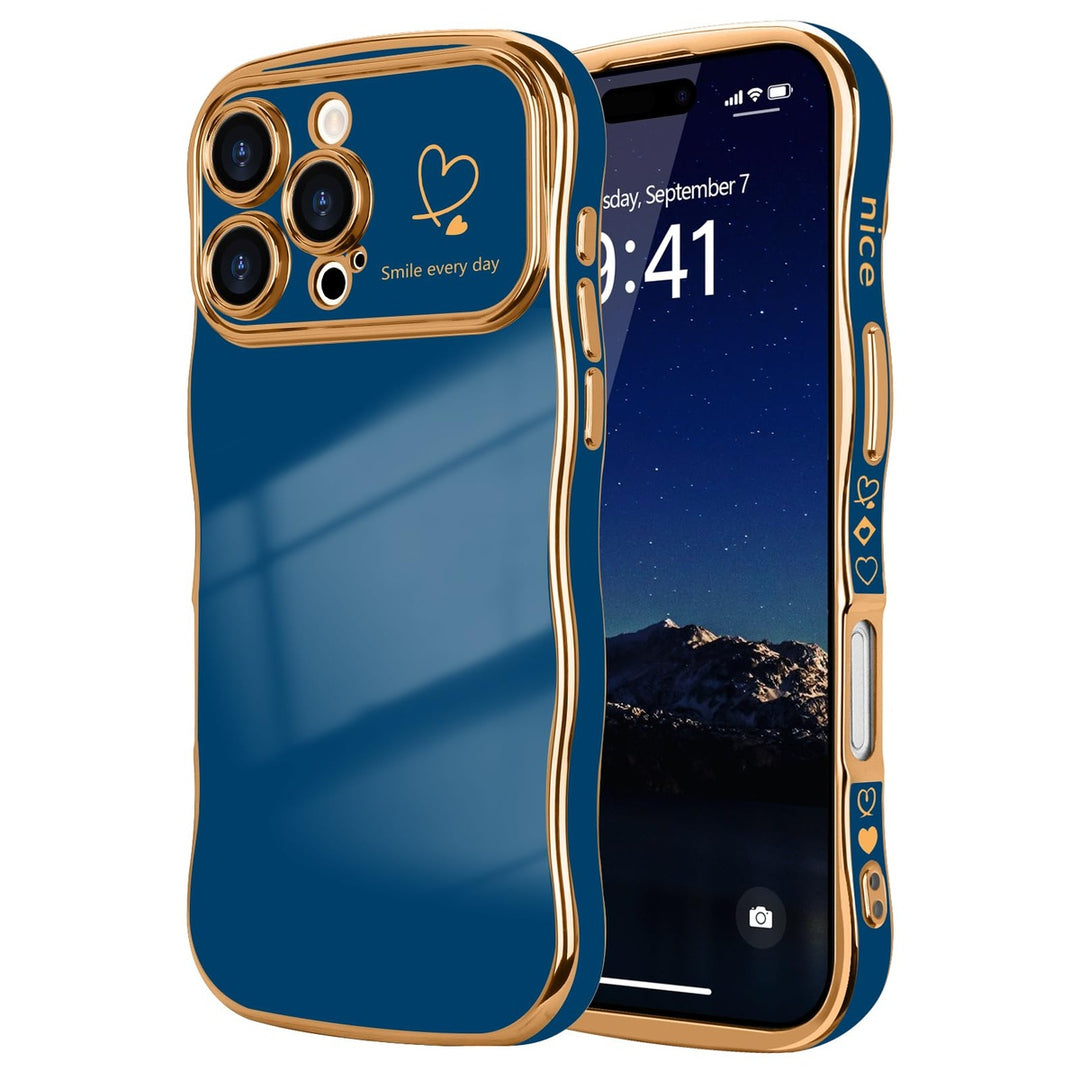 Navy Wave iPhone 16 Pro Max Case with Gold Heart Edge - DOKUTRONIX