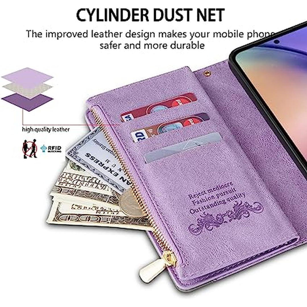 Neiye A54 5G RFID Wallet Case - Purple Zipper Kickstand - DOKUTRONIX