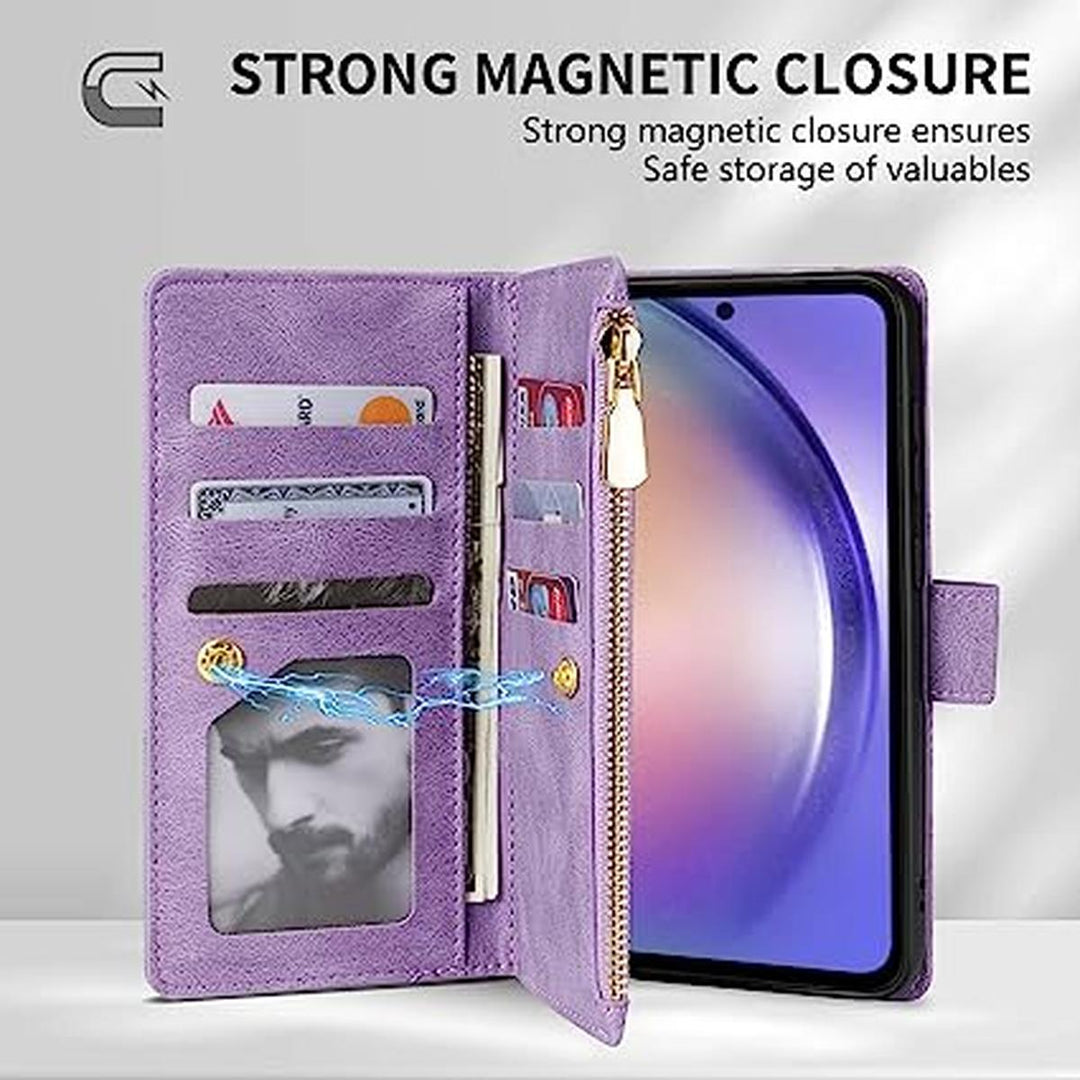 Neiye A54 5G RFID Wallet Case - Purple Zipper Kickstand - DOKUTRONIX