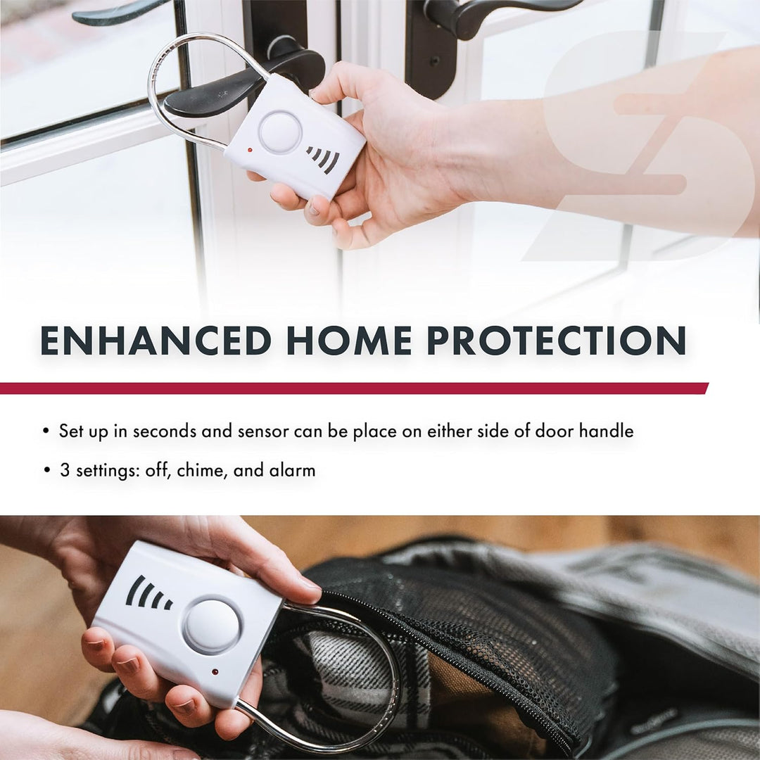 SABRE 110dB Door Handle Alarm, Extremely Loud Wireless Alarm Audible Up To 680 Ft Away, Hangs Off Door Knob or Handle, Vibration-Triggered Home Security Alarm, 3 Adjustable Settings, Great for Travel - DOKUTRONIX