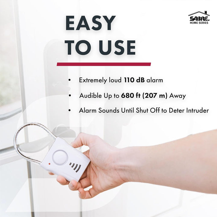 SABRE 110dB Door Handle Alarm, Extremely Loud Wireless Alarm Audible Up To 680 Ft Away, Hangs Off Door Knob or Handle, Vibration-Triggered Home Security Alarm, 3 Adjustable Settings, Great for Travel - DOKUTRONIX