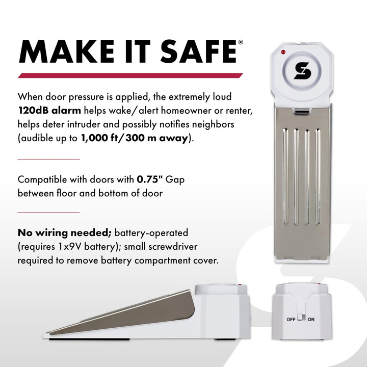 SABRE 120 dB Wedge Door Stop Security Alarm, Extremely Loud Wireless Alarm Siren Audible Up To 1,500 Ft., Non-Skid Pad, Compact Alarm Great for Home, Travel, Apartment or Dorm - DOKUTRONIX