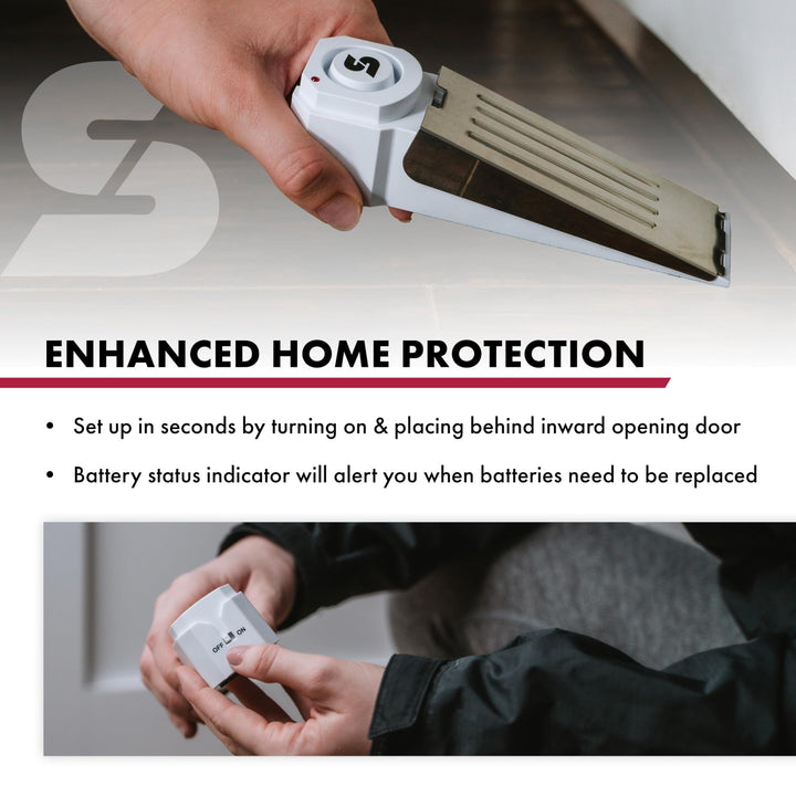 SABRE 120 dB Wedge Door Stop Security Alarm, Extremely Loud Wireless Alarm Siren Audible Up To 1,500 Ft., Non-Skid Pad, Compact Alarm Great for Home, Travel, Apartment or Dorm - DOKUTRONIX