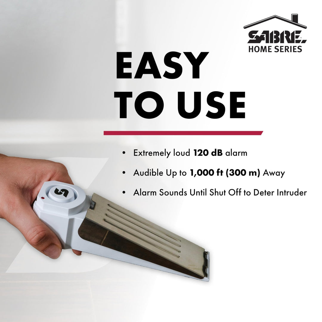 SABRE 120 dB Wedge Door Stop Security Alarm, Extremely Loud Wireless Alarm Siren Audible Up To 1,500 Ft., Non-Skid Pad, Compact Alarm Great for Home, Travel, Apartment or Dorm - DOKUTRONIX