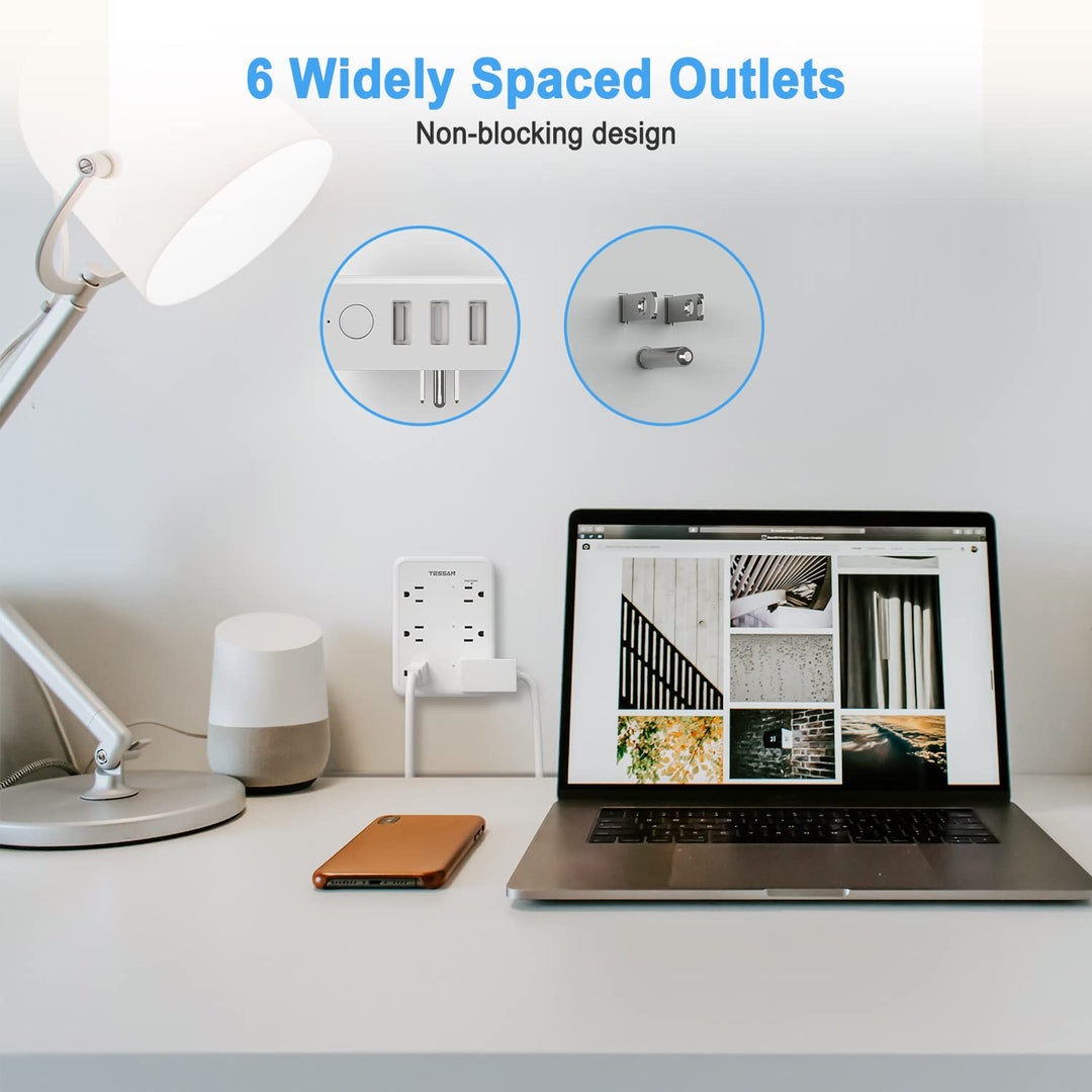 Smart Power Strip, TESSAN WiFi Flat Plug Strip with 3 Smart Outlets and 3 USB Ports, 6 Feet Extension Cord Surge Protector, Only 2.4 GHz Wi-Fi, Compatible with Alexa and Google Home, White - DOKUTRONIX