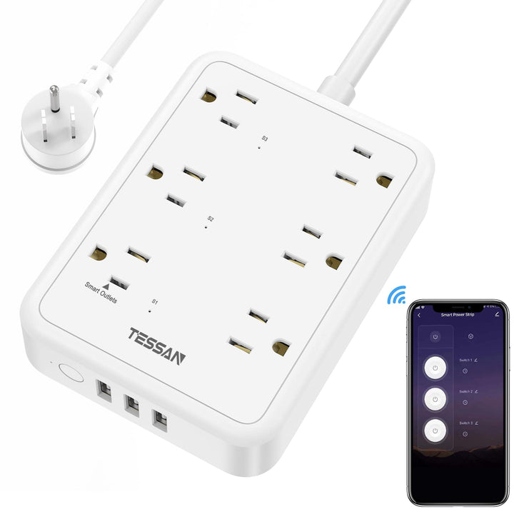 Smart Power Strip, TESSAN WiFi Flat Plug Strip with 3 Smart Outlets and 3 USB Ports, 6 Feet Extension Cord Surge Protector, Only 2.4 GHz Wi-Fi, Compatible with Alexa and Google Home, White - DOKUTRONIX