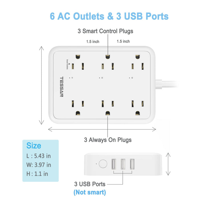 Smart Power Strip, TESSAN WiFi Flat Plug Strip with 3 Smart Outlets and 3 USB Ports, 6 Feet Extension Cord Surge Protector, Only 2.4 GHz Wi-Fi, Compatible with Alexa and Google Home, White - DOKUTRONIX