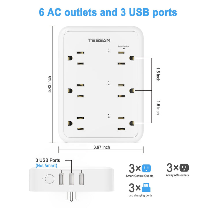 Smart Power Strip, TESSAN WiFi Flat Plug Strip with 3 Smart Outlets and 3 USB Ports, 6 Feet Extension Cord Surge Protector, Only 2.4 GHz Wi-Fi, Compatible with Alexa and Google Home, White - DOKUTRONIX