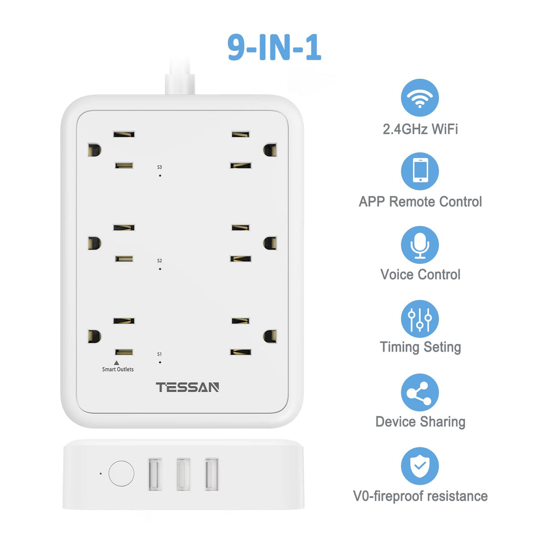 Smart Power Strip, TESSAN WiFi Flat Plug Strip with 3 Smart Outlets and 3 USB Ports, 6 Feet Extension Cord Surge Protector, Only 2.4 GHz Wi-Fi, Compatible with Alexa and Google Home, White - DOKUTRONIX