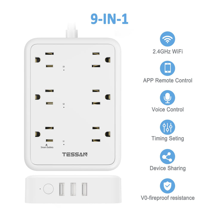 Smart Power Strip, TESSAN WiFi Flat Plug Strip with 3 Smart Outlets and 3 USB Ports, 6 Feet Extension Cord Surge Protector, Only 2.4 GHz Wi-Fi, Compatible with Alexa and Google Home, White - DOKUTRONIX