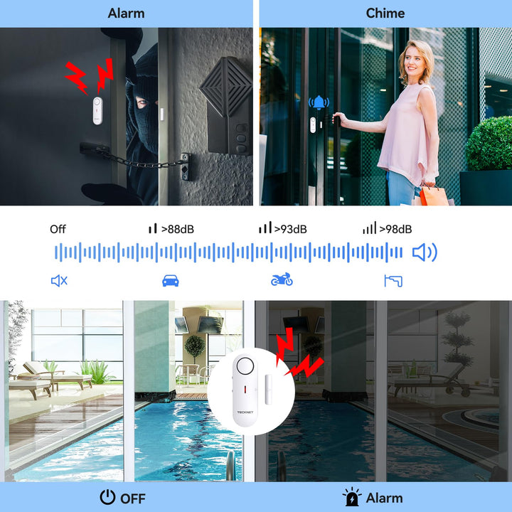 TECKNET Door Alarms for Kids Safety, Window Alarm Pool Alarms Door Alarm for Home Security, 2-in-1 Alarm & Chime, 3-Level Volume Control, Wireless Alarm for House Hotel Cars Sheds Caravans (3 Pack) - DOKUTRONIX