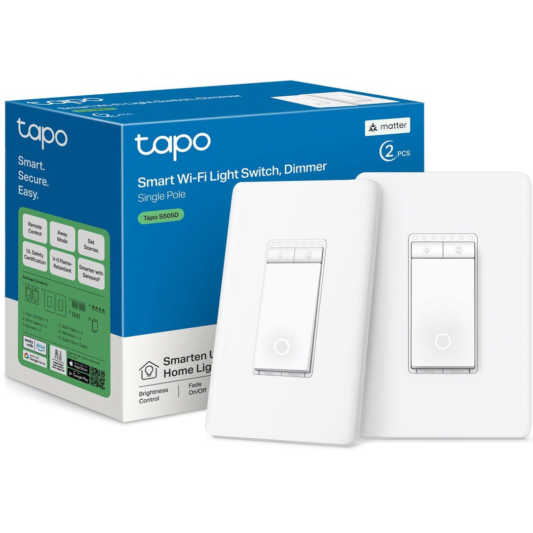 TP-Link Tapo Matter Smart Light Switch: Voice Control w/Siri, Alexa & Google Home | UL Certified | Timer & Schedule | Easy Guided Install | Neutral Wire Required | Single Pole | Tapo S505(2-Pack) - DOKUTRONIX