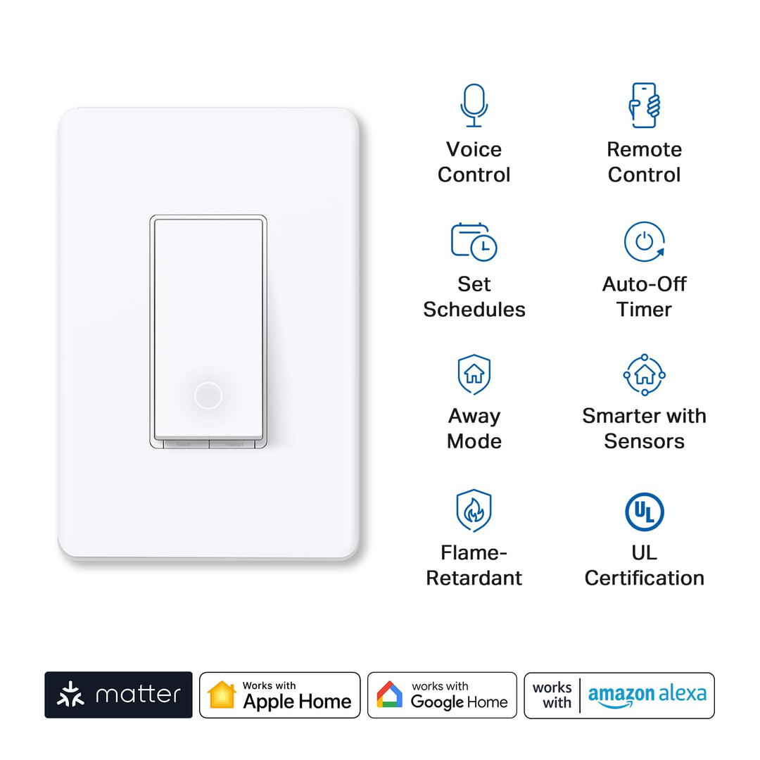 TP-Link Tapo Matter Smart Light Switch: Voice Control w/Siri, Alexa & Google Home | UL Certified | Timer & Schedule | Easy Guided Install | Neutral Wire Required | Single Pole | Tapo S505(2-Pack) - DOKUTRONIX