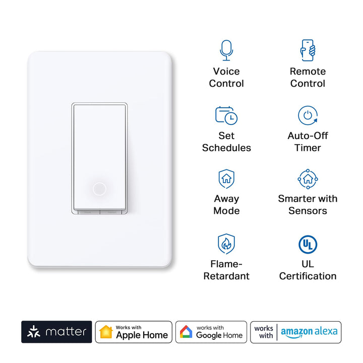 TP-Link Tapo Matter Smart Light Switch: Voice Control w/Siri, Alexa & Google Home | UL Certified | Timer & Schedule | Easy Guided Install | Neutral Wire Required | Single Pole | Tapo S505(2-Pack) - DOKUTRONIX
