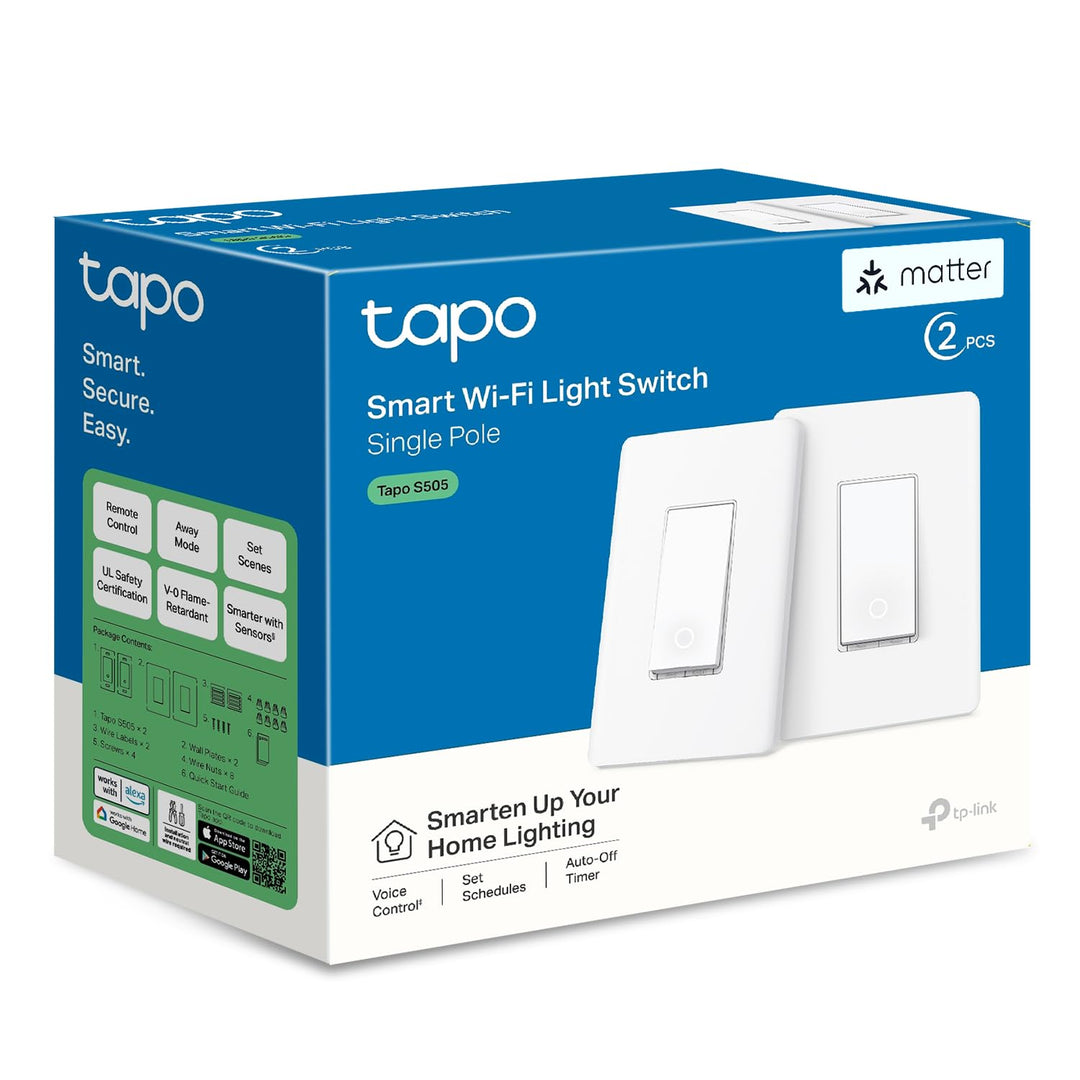 TP-Link Tapo Matter Smart Light Switch: Voice Control w/Siri, Alexa & Google Home | UL Certified | Timer & Schedule | Easy Guided Install | Neutral Wire Required | Single Pole | Tapo S505(2-Pack) - DOKUTRONIX