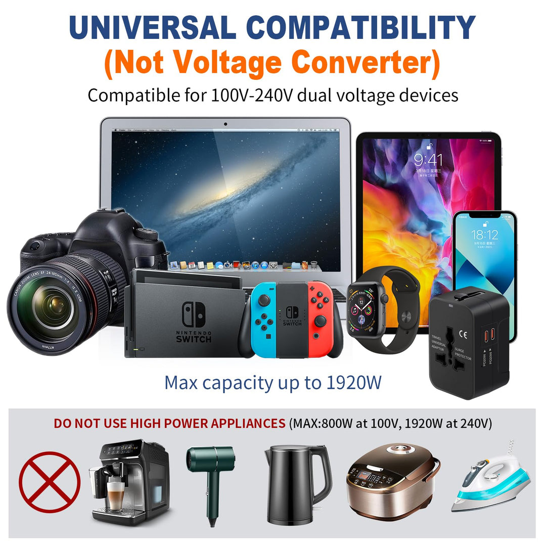 Travel Adapter with USB C, Universal All in One Worldwide Travel Adapter Power Converters Wall Charger AC Power Plug Adapter USB Type C Charging Ports for USA EU UK AUS Black - DOKUTRONIX