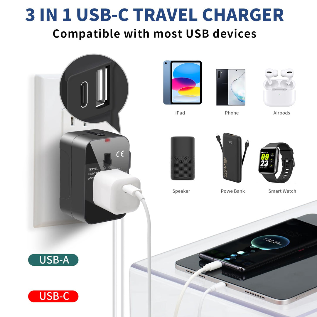 Travel Adapter with USB C, Universal All in One Worldwide Travel Adapter Power Converters Wall Charger AC Power Plug Adapter USB Type C Charging Ports for USA EU UK AUS Black - DOKUTRONIX