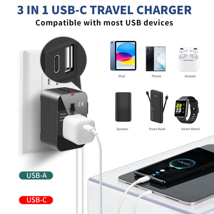 Travel Adapter with USB C, Universal All in One Worldwide Travel Adapter Power Converters Wall Charger AC Power Plug Adapter USB Type C Charging Ports for USA EU UK AUS Black - DOKUTRONIX