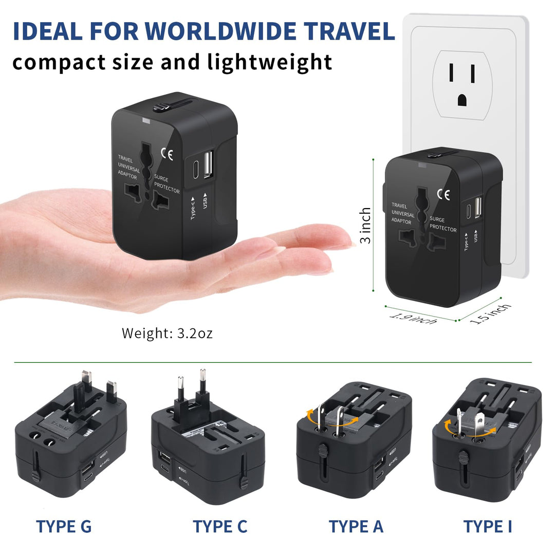 Travel Adapter with USB C, Universal All in One Worldwide Travel Adapter Power Converters Wall Charger AC Power Plug Adapter USB Type C Charging Ports for USA EU UK AUS Black - DOKUTRONIX