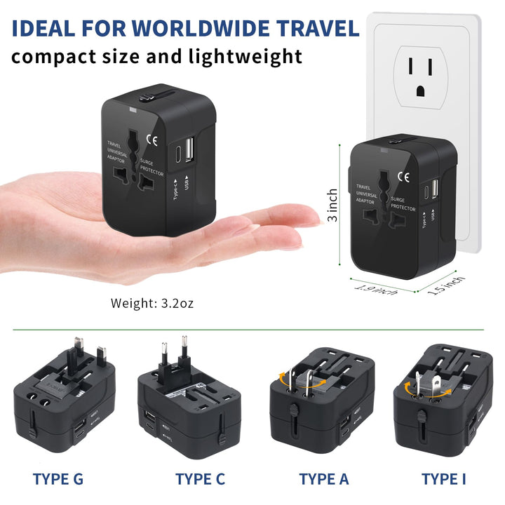 Travel Adapter with USB C, Universal All in One Worldwide Travel Adapter Power Converters Wall Charger AC Power Plug Adapter USB Type C Charging Ports for USA EU UK AUS Black - DOKUTRONIX
