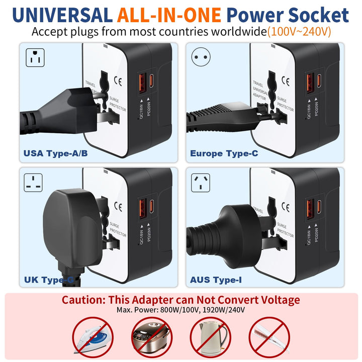 Travel Adapter with USB C, Universal All in One Worldwide Travel Adapter Power Converters Wall Charger AC Power Plug Adapter USB Type C Charging Ports for USA EU UK AUS Black - DOKUTRONIX