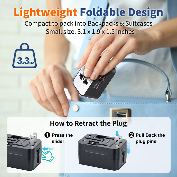 Travel Adapter with USB C, Universal All in One Worldwide Travel Adapter Power Converters Wall Charger AC Power Plug Adapter USB Type C Charging Ports for USA EU UK AUS Black - DOKUTRONIX